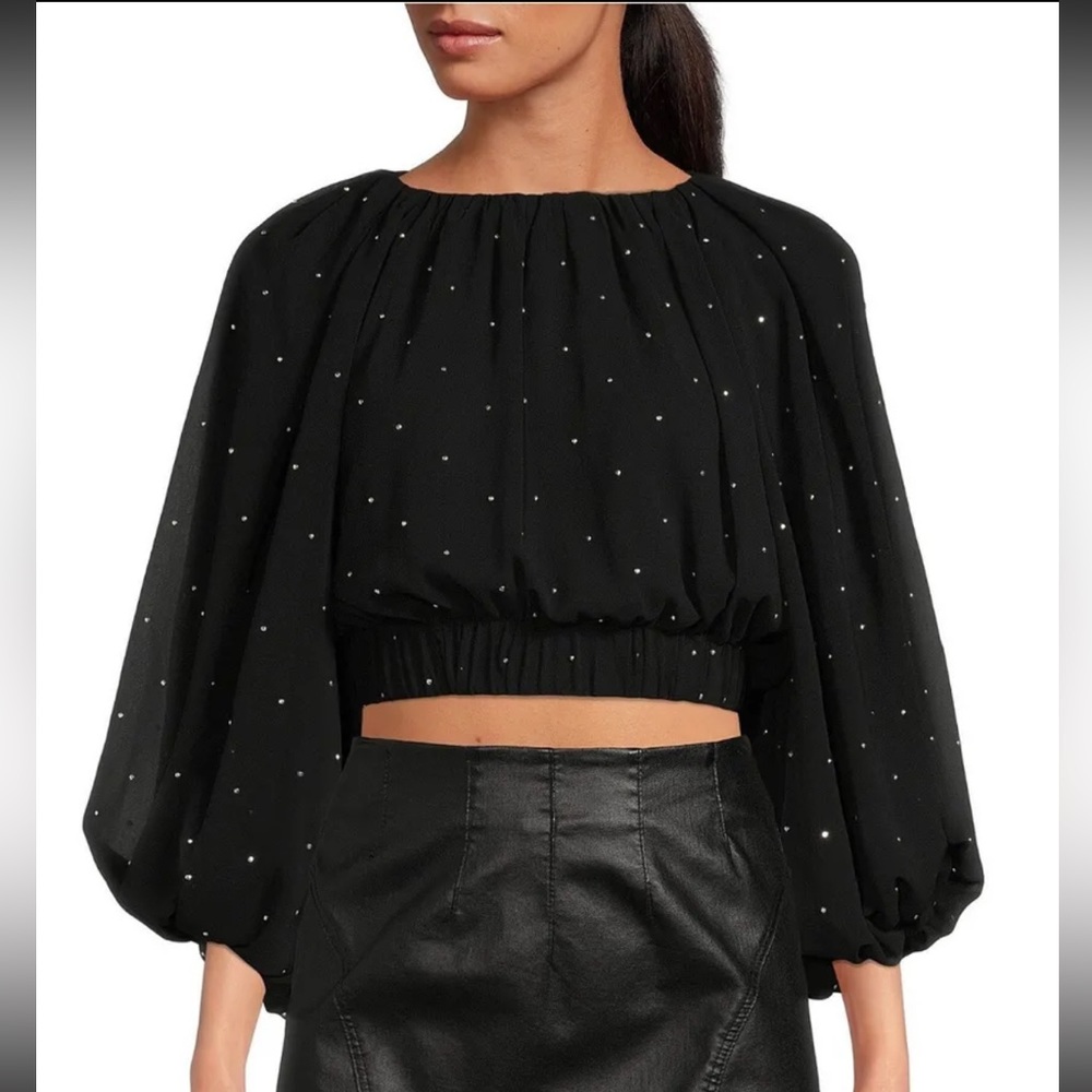 $129 A Loves A cropped black chiffon rhinestone 3/4 sleeve blouse top NWT Large